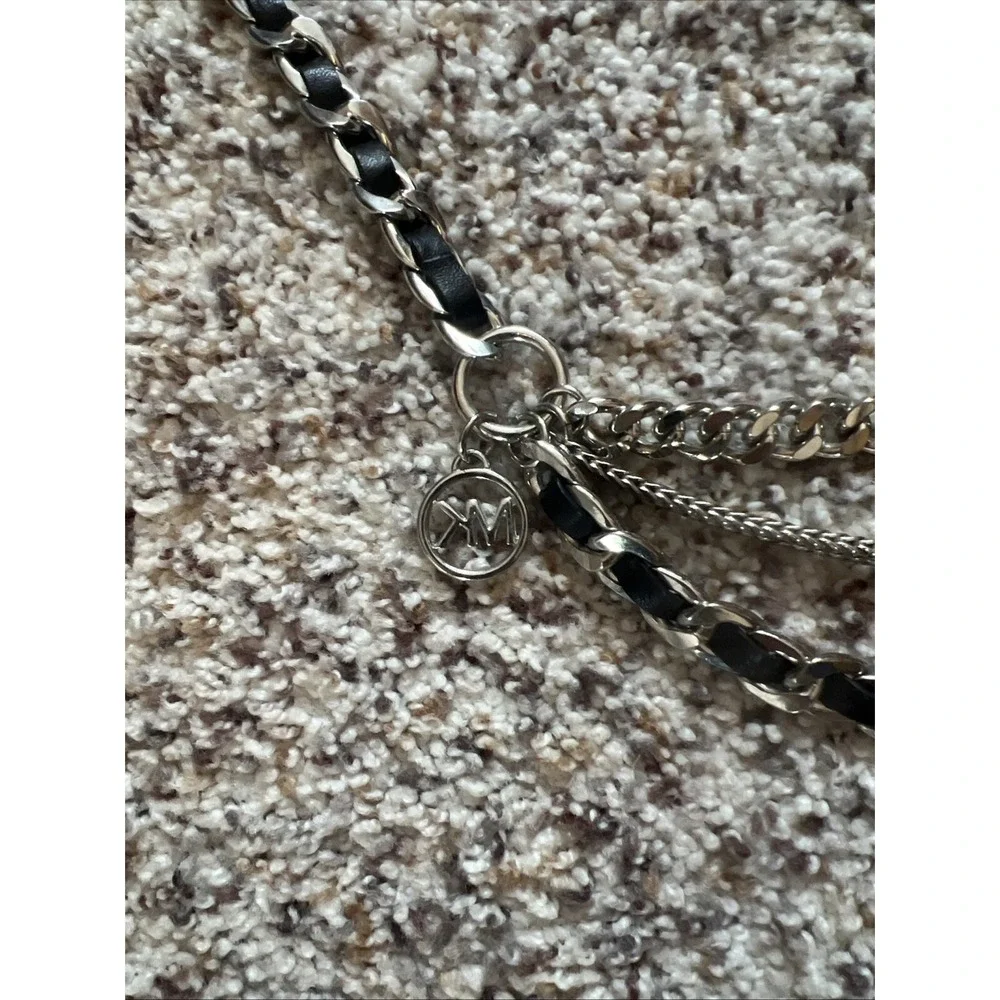 MICHAEL KORS New MK Logo Chain Leather Belt Black Silver 3 Layers On Front 42